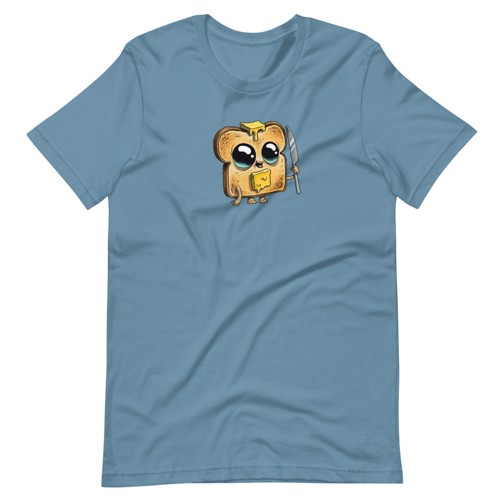 Heather-colored, gender-neutral fit Bindlewood Shop Toastboy Tee featuring a cute animated toast character with glasses and a backpack printed on it.