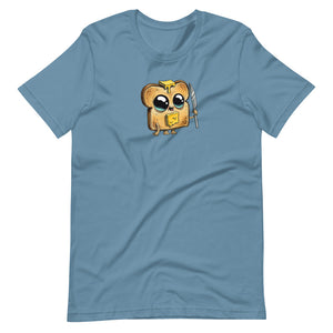 Heather-colored, gender-neutral fit Bindlewood Shop Toastboy Tee featuring a cute animated toast character with glasses and a backpack printed on it.