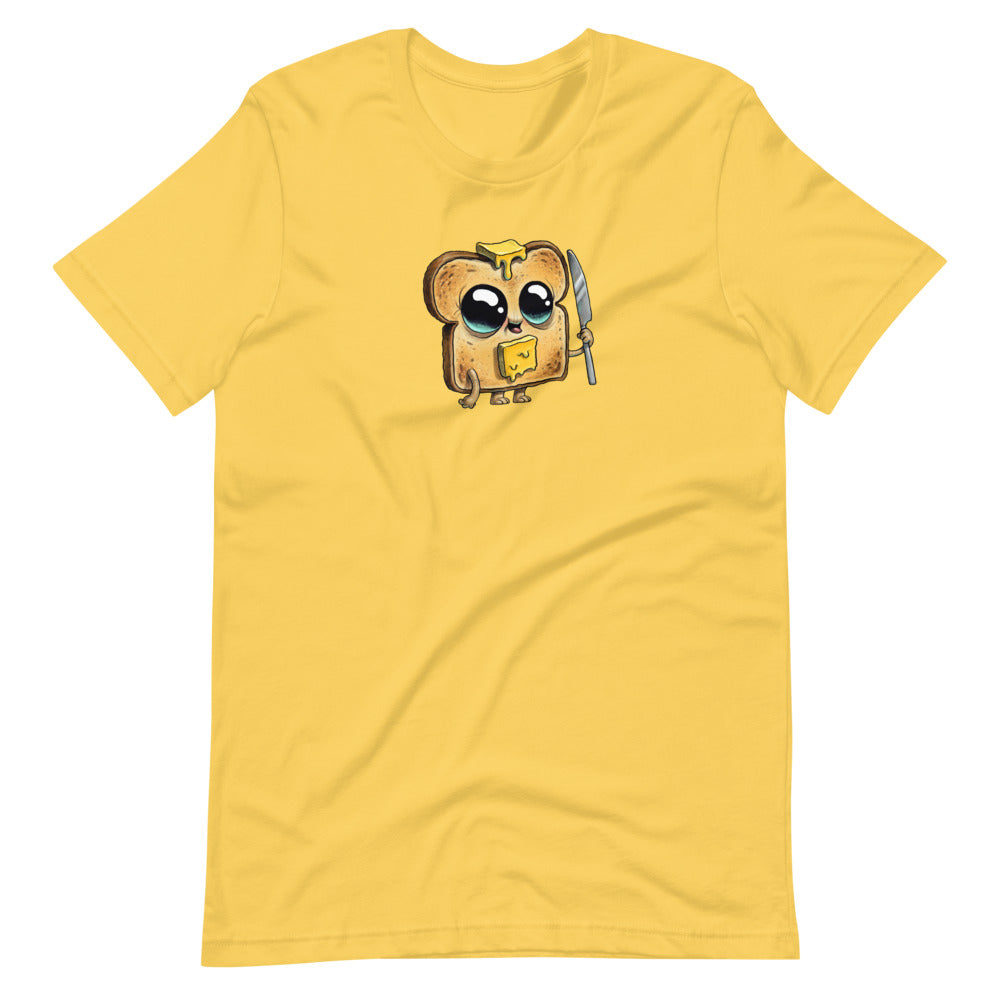 A yellow Bindlewood Shop Toastboy Tee with a cute animated character of a toast-shaped creature wearing glasses and a backpack, designed for a gender-neutral fit.