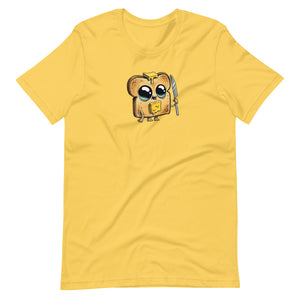 A yellow Bindlewood Shop Toastboy Tee with a cute animated character of a toast-shaped creature wearing glasses and a backpack, designed for a gender-neutral fit.