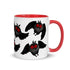 A ceramic Mothman Cryptid Mug with a red handle and red inner rim from Bindlewood Shop features a repeating pattern of cartoon-style black owls with red eyes and wings spread out, set against a white background. The owls are shown in various flying poses, making it perfect for any cryptozoology researcher.