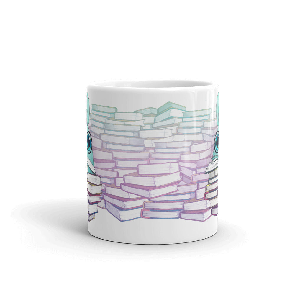 Introducing the So Many Books Mug by Bindlewood Shop, a white ceramic mug featuring an artistic design of stacked pastel-colored books in soft pink, blue, and green hues. The illustration seamlessly blends into a whimsical pattern, providing this microwave and dishwasher safe mug with a cozy, bookish feel.